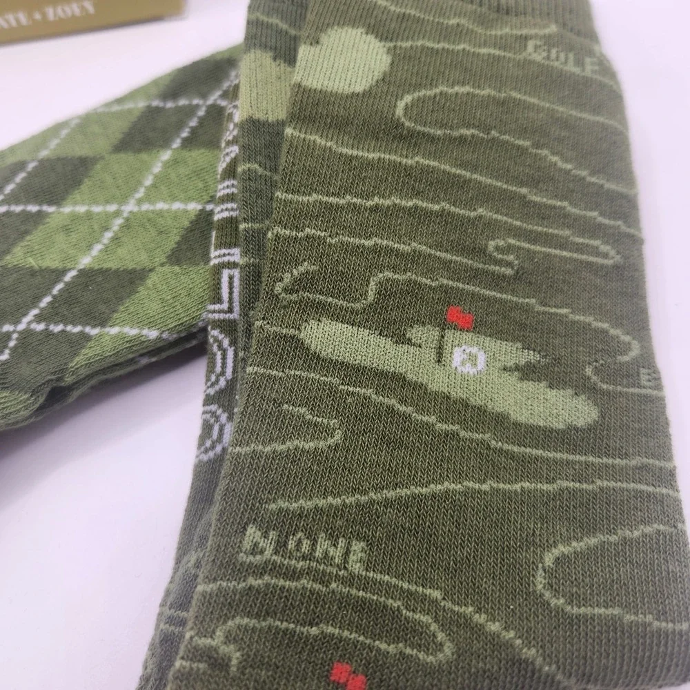 Tate + Zoey Hole In One Golf Socks Set 2 Pairs Green Argyle Course Map Men Adult